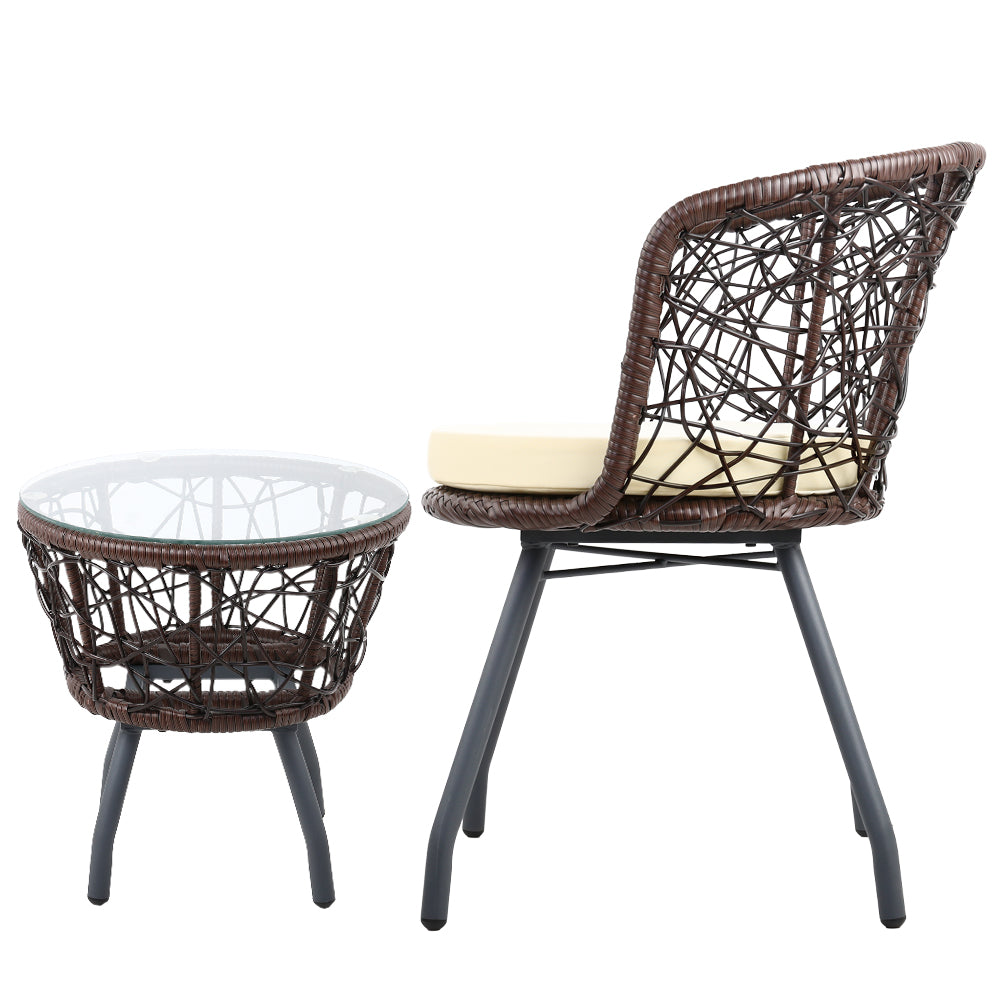 Gardeon 3PC Bistro Set Outdoor Furniture Rattan Table Chairs Patio Garden Cushion Brown