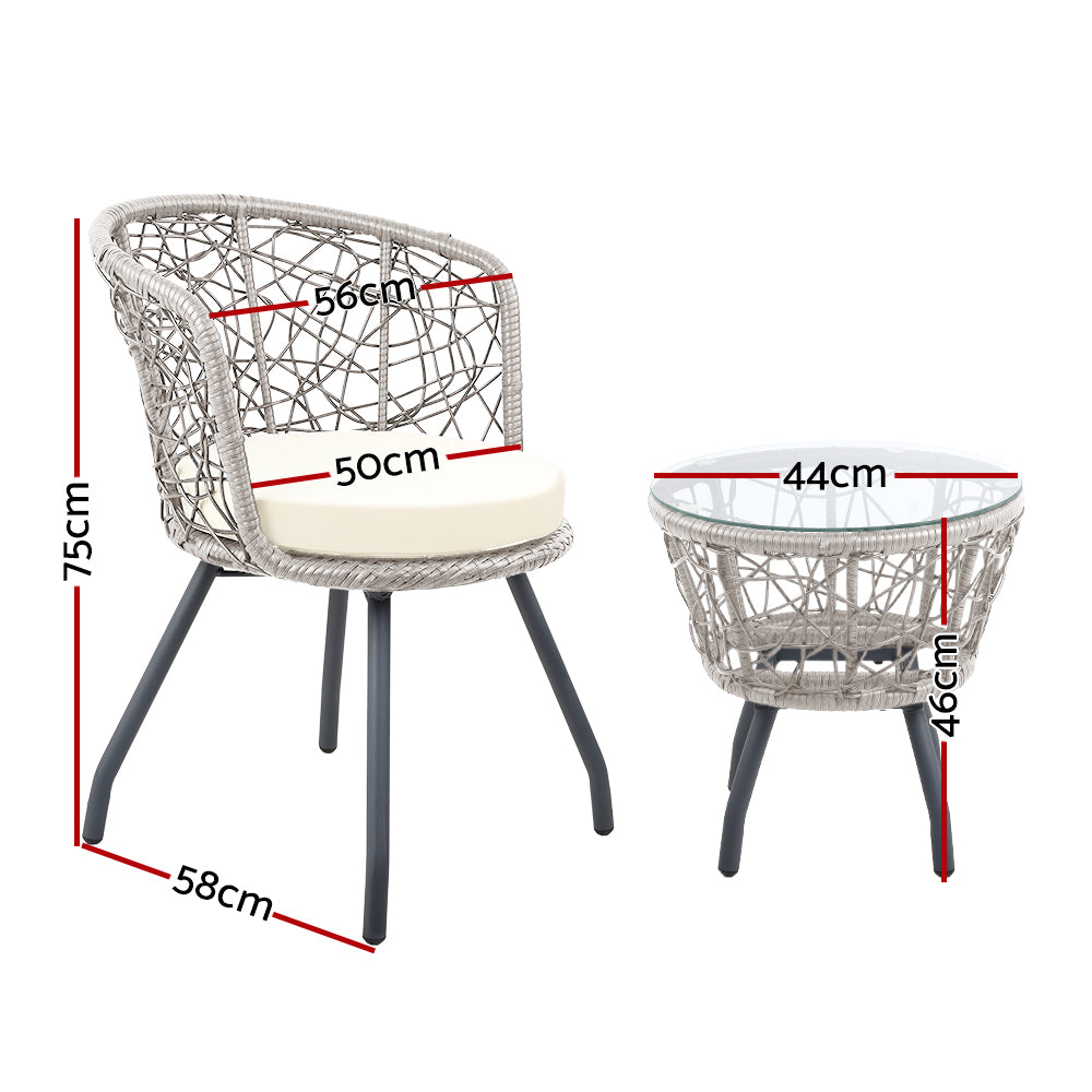 Gardeon 3PC Bistro Set Outdoor Furniture Rattan Table Chairs Patio Garden Cushion Grey