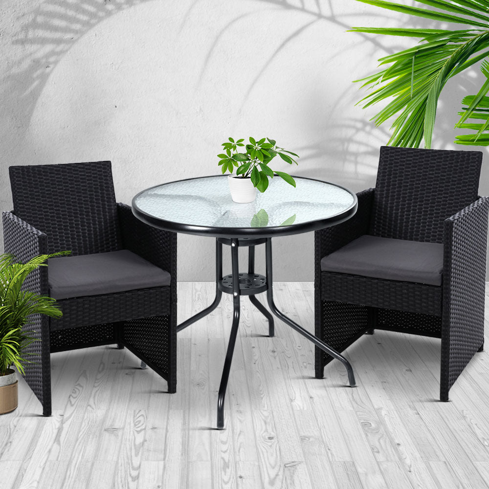 Gardeon 3PC Bistro Set Outdoor Furniture Rattan Table Chairs Cushion Patio Garden Hugo