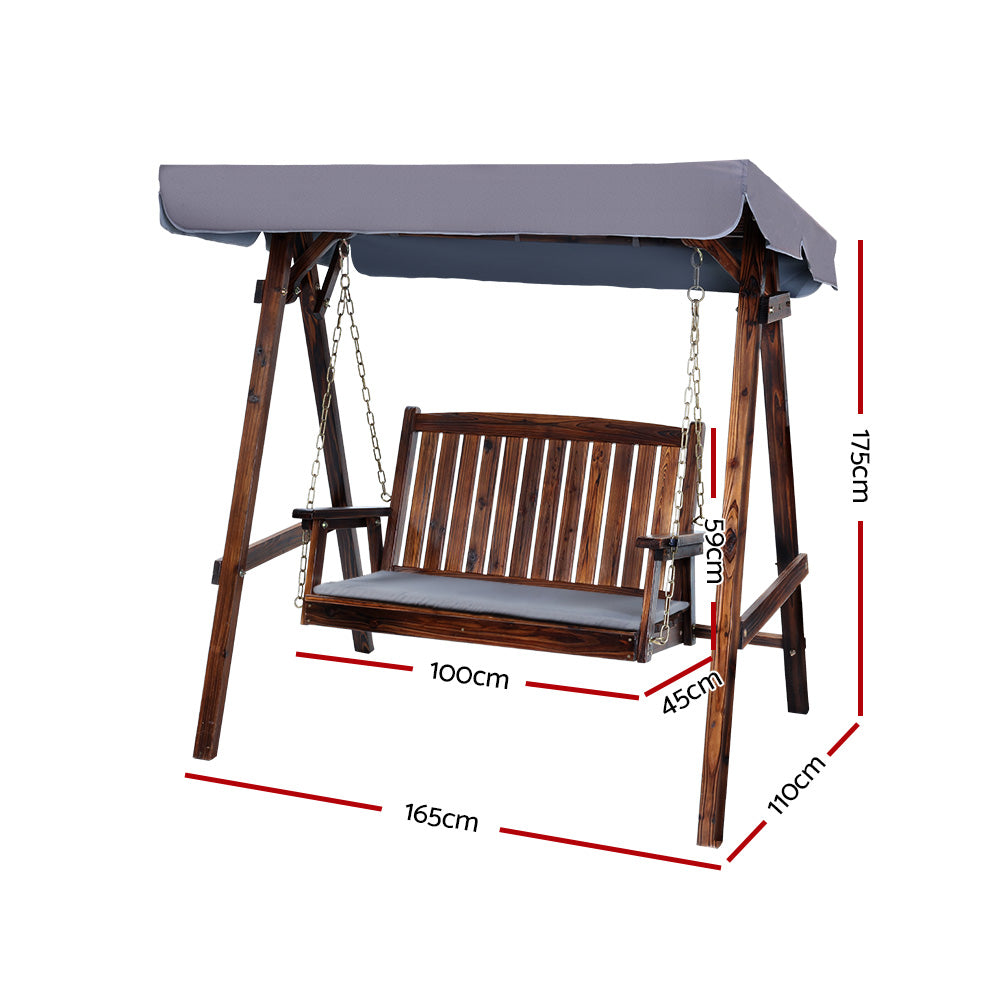 Gardeon Outdoor Wooden Swing Chair Garden Bench Canopy Cushion 2 Seater Charcoal
