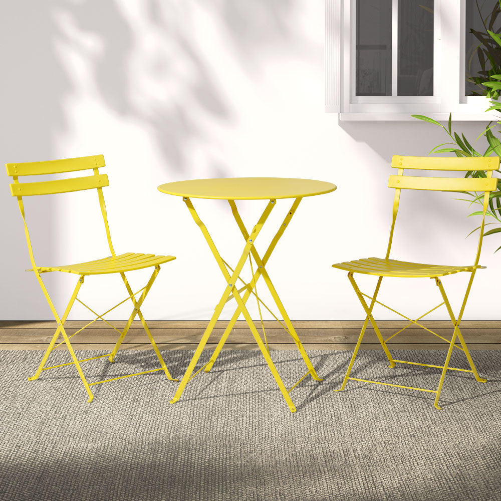 Gardeon 3PC Outdoor Bistro Set Steel Table and Chairs Patio Furniture Yellow