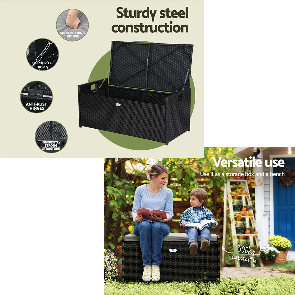 Gardeon Outdoor Storage Bench Box Wicker Garden Sheds Tools Cushion Patio Furniture Black