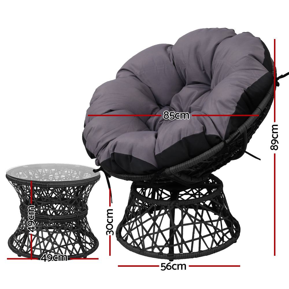 Gardeon Outdoor Lounge Setting Papasan Chair Wicker Table Garden Furniture Black