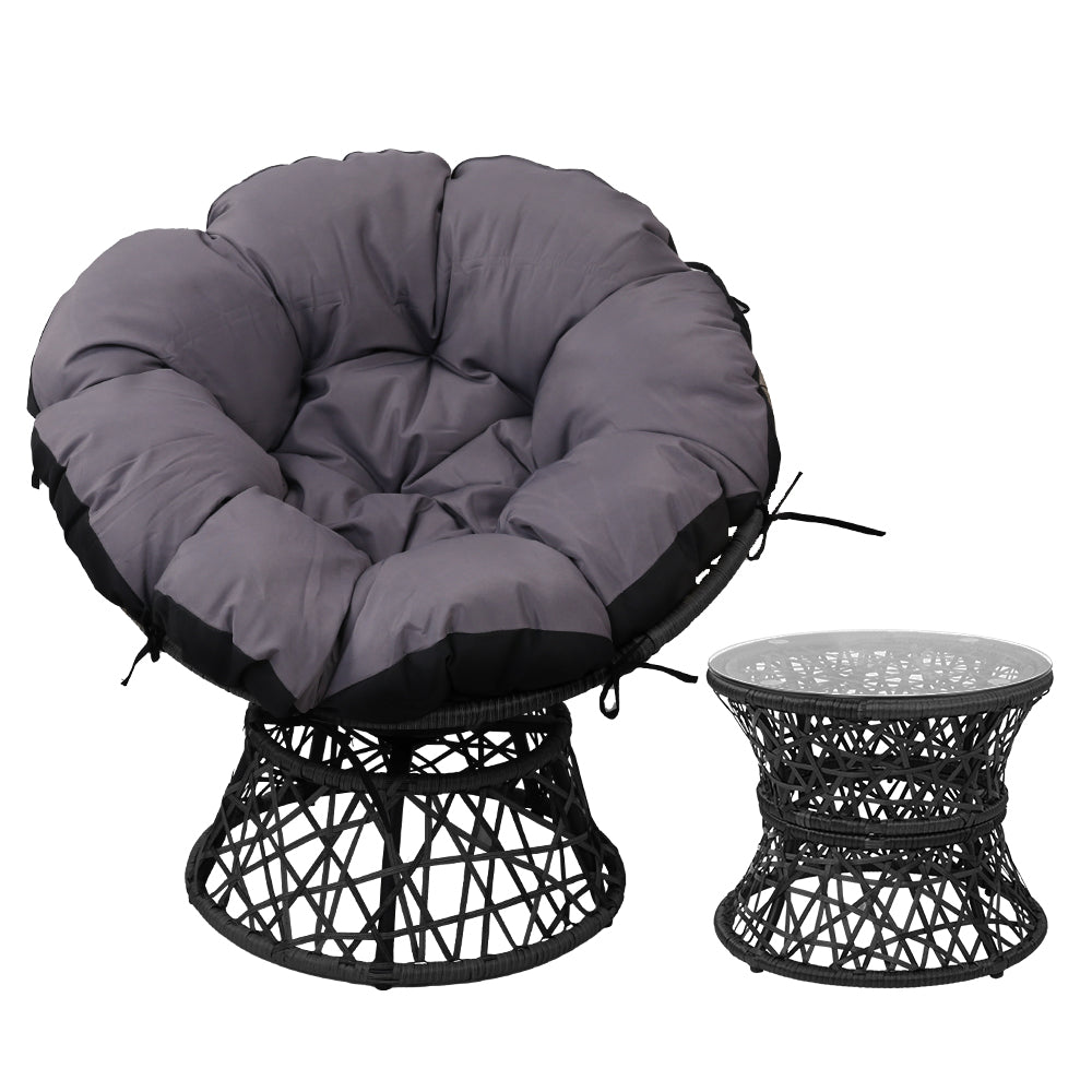 Gardeon Outdoor Lounge Setting Papasan Chair Wicker Table Garden Furniture Black