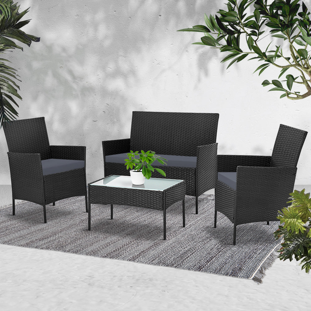 Gardeon 4 Seater Outdoor Sofa Set Wicker Setting Table Chair Furniture Black