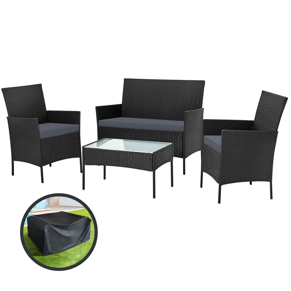 Gardeon 4 Piece Outdoor Lounge Setting Patio Furniture Sofa Set Black Cover