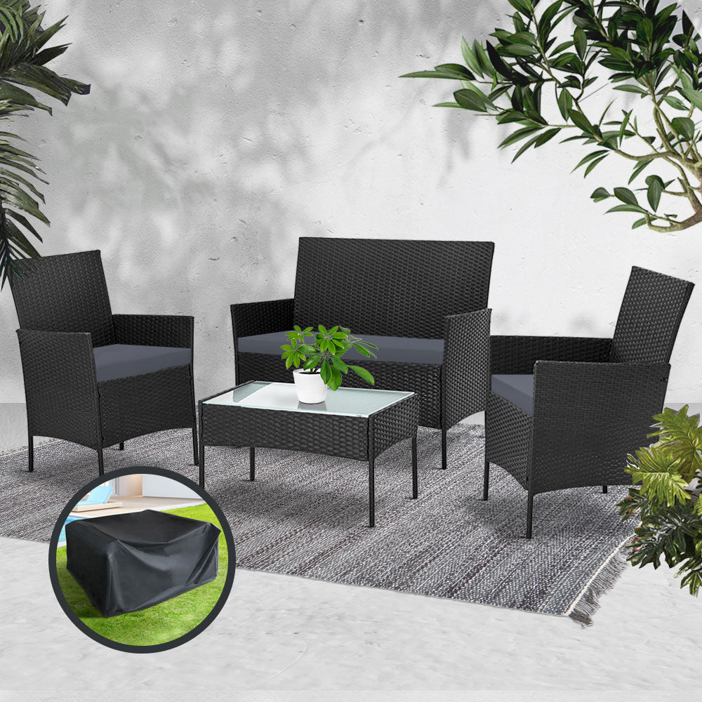 Gardeon 4 Seater Outdoor Sofa Set with Storage Cover Wicker Table Chair Black