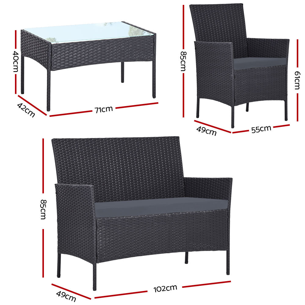 Gardeon 4 Seater Outdoor Sofa Set Wicker Setting Table Chair Furniture Dark Grey