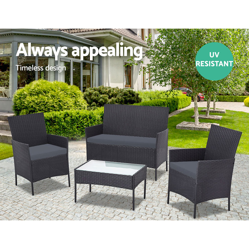 Gardeon 4 PCS Outdoor Lounge Setting Wicker Sofa Set Garden Furniture Black