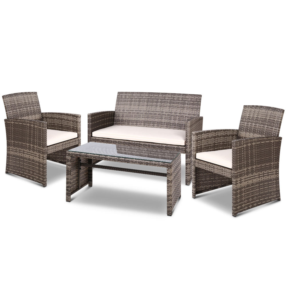 Gardeon 4 PCS Outdoor Lounge Setting Wicker Sofa Set Garden Furniture Grey