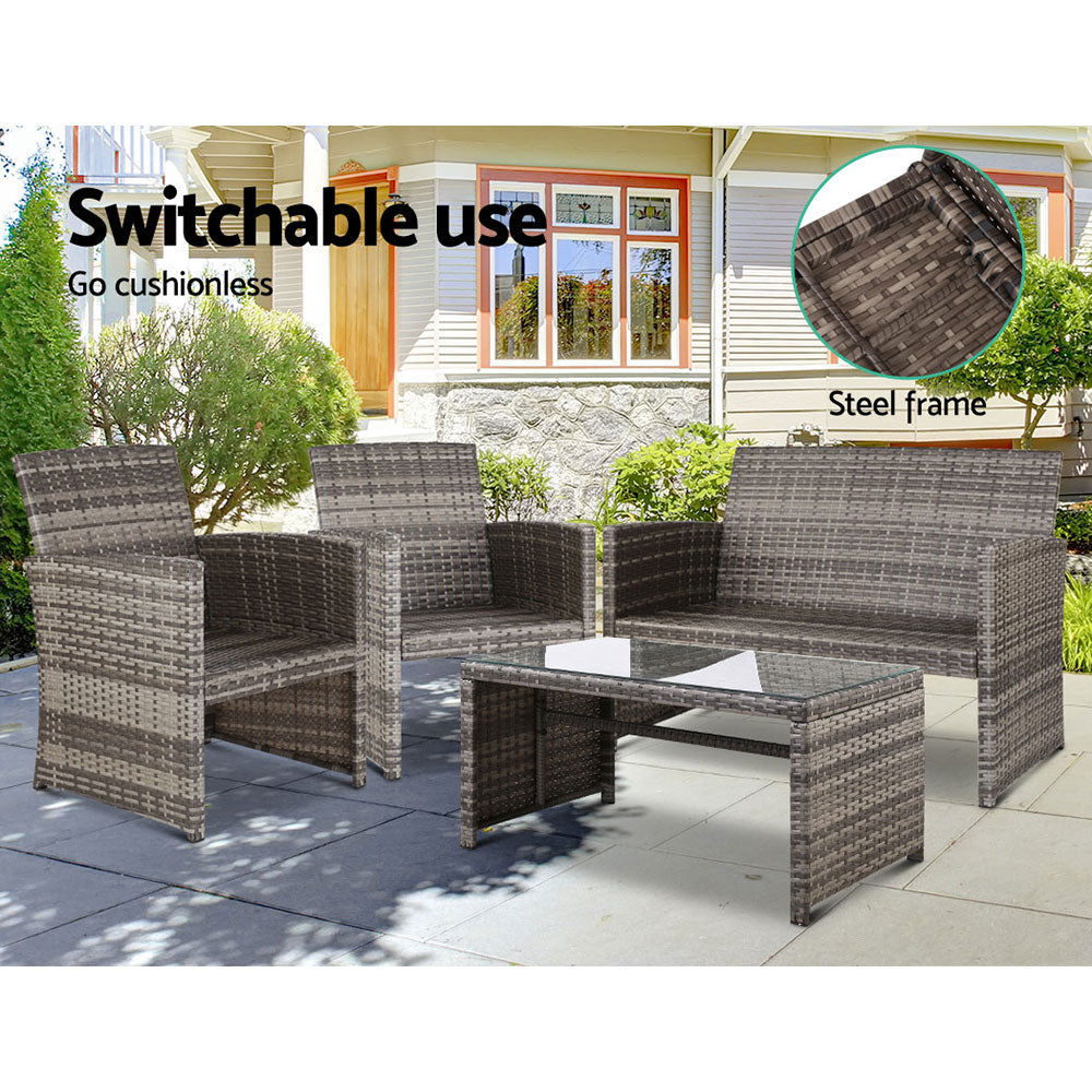 Gardeon 4 PCS Outdoor Lounge Setting Wicker Sofa Set Garden Furniture Grey