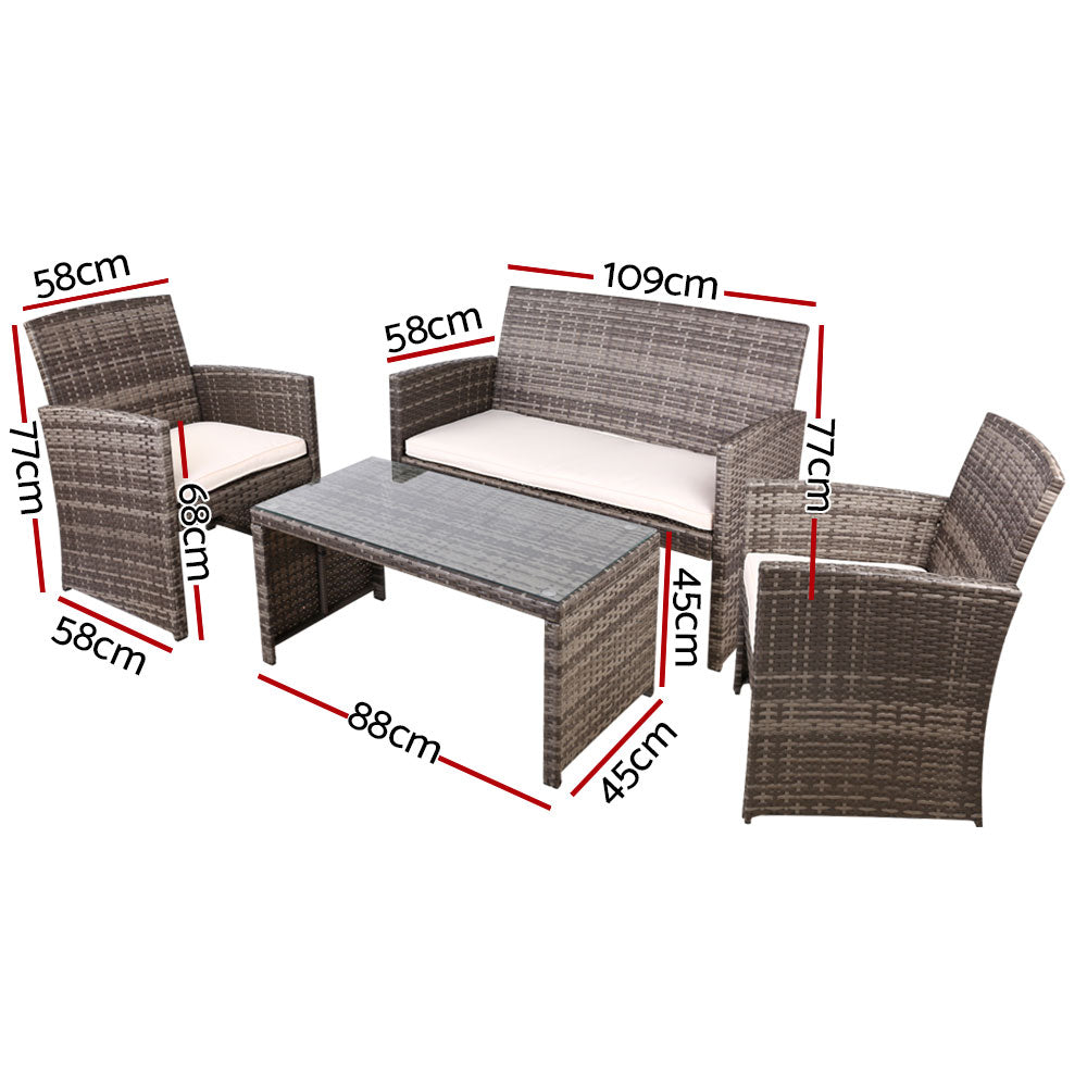 Gardeon 4 PCS Outdoor Sofa Set with Storage Cover Rattan Chair Furniture Grey