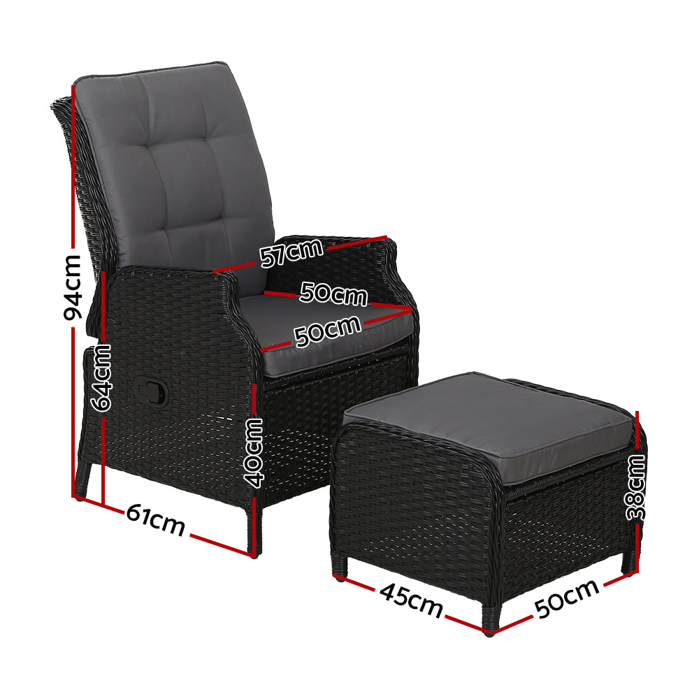 Gardeon 2PC Recliner Chair Sun lounge Wicker Lounger Outdoor Furniture Adjustable Black