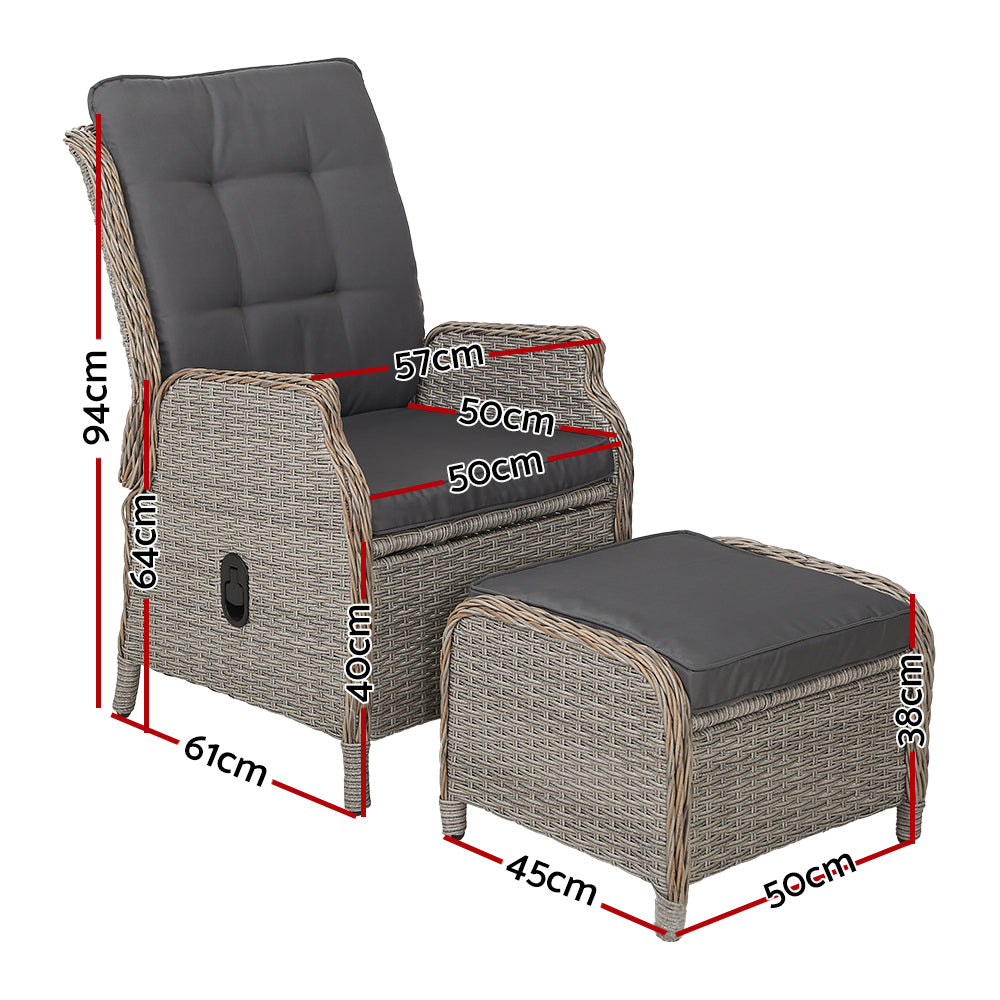 Gardeon 2PC Recliner Chair Sun lounge Wicker Lounger Outdoor Furniture Adjustable Grey