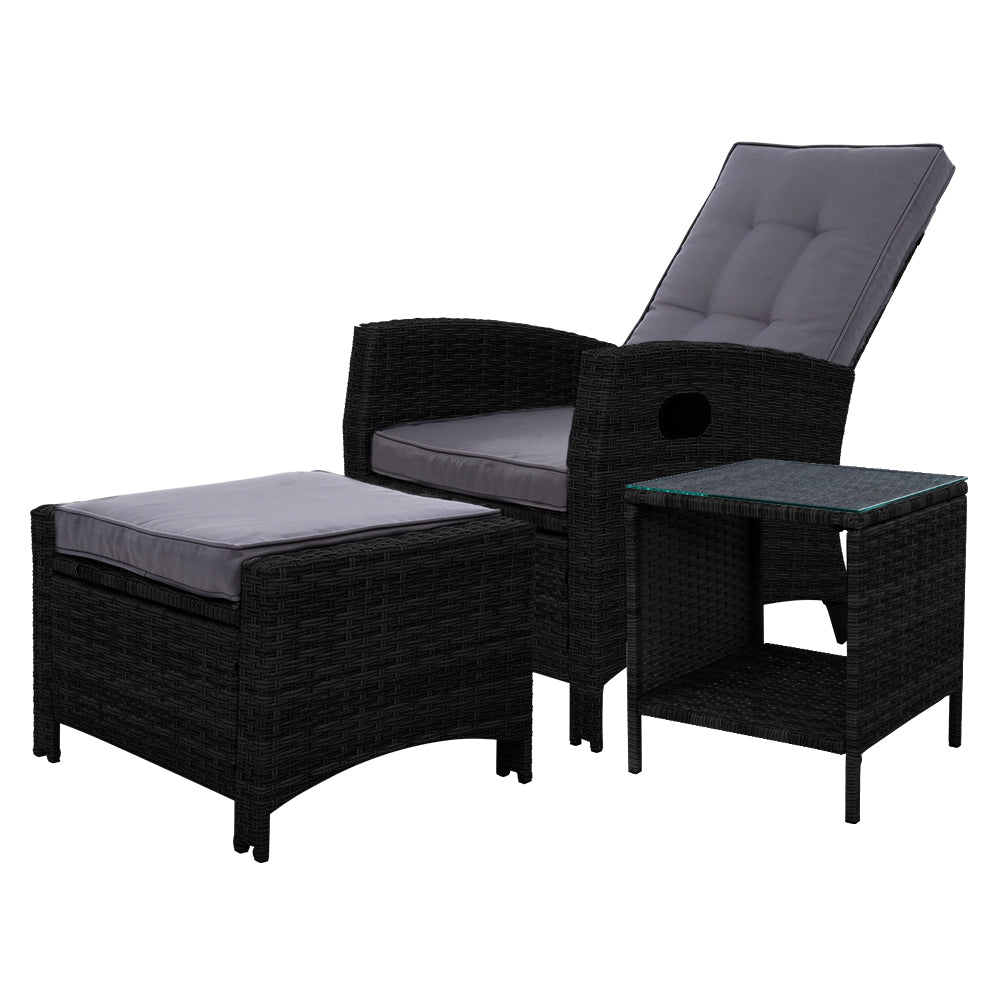Gardeon 3PC Recliner Chairs Table Sun lounge Wicker Outdoor Furniture Adjustable Black