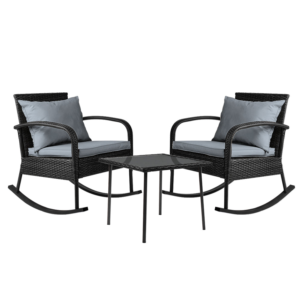 Gardeon 3PC Rocking Chair Table Wicker Outdoor Furniture Patio Bistro Set Black