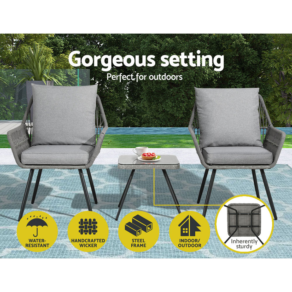 Gardeon 3PC Outdoor Furniture Bistro Set Lounge Setting Chairs Table Patio Grey