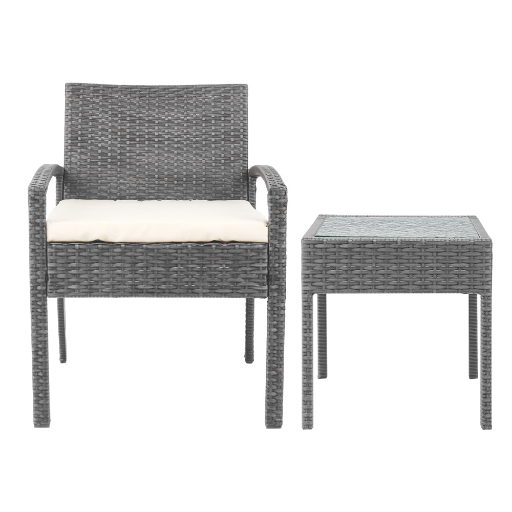 Gardeon 3PC Patio Furniture Bistro Set Wicker Outdoor Lounge Setting Grey
