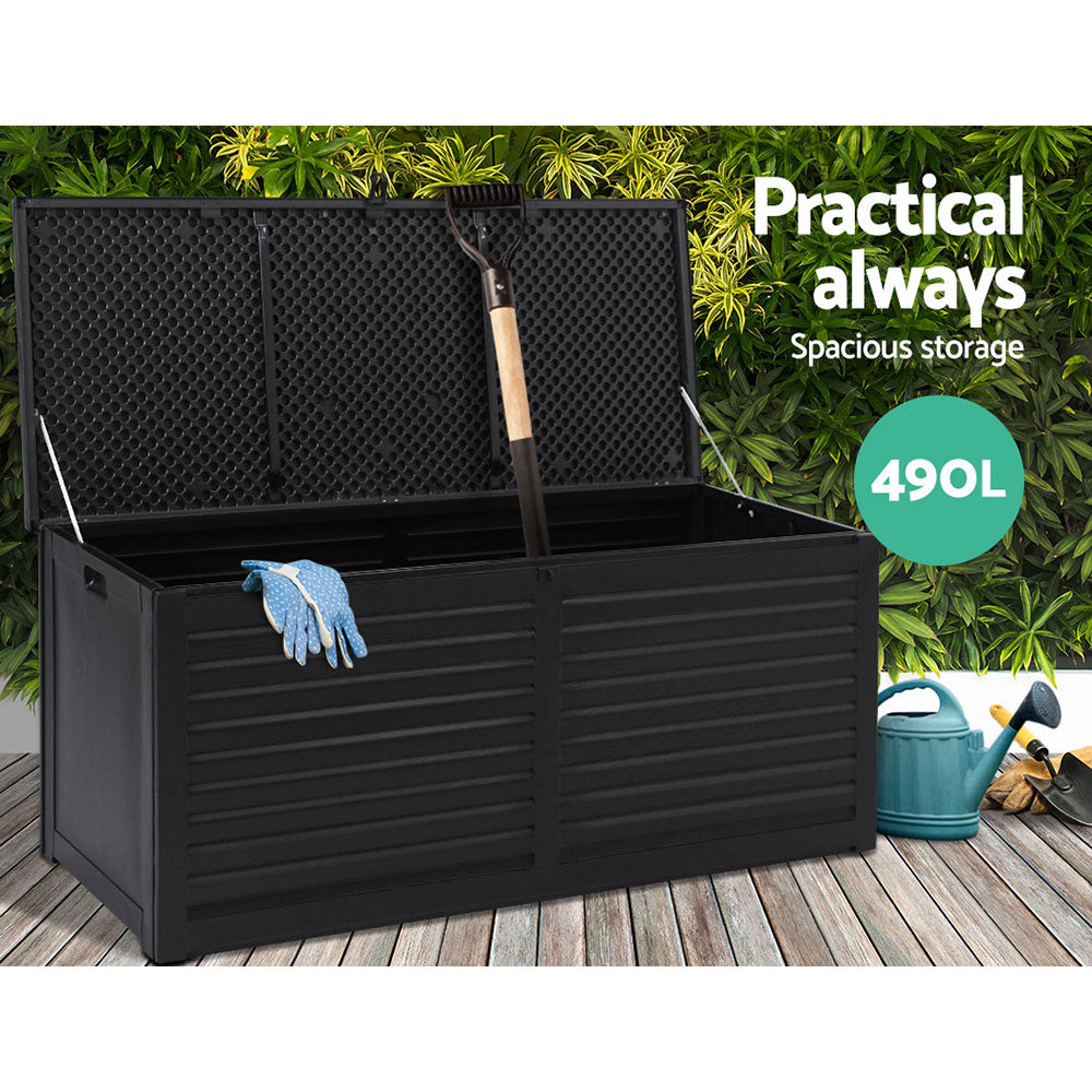 Gardeon Outdoor Storage Box 490L Container Lockable Garden Bench Shed Tools Toy All Black