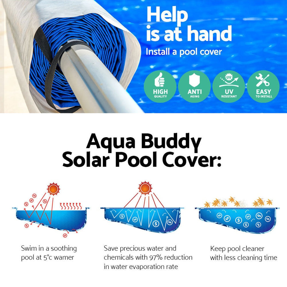 Aquabuddy Pool Cover 500 Micron 10.5x4.2m Silver Swimming Pool Solar Blanket 5.5m Blue Roller