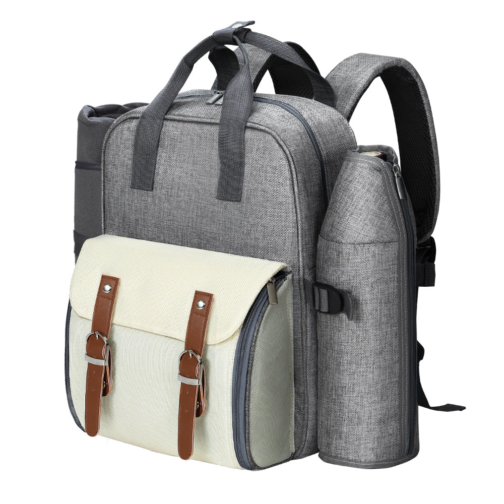 Alfresco 4 Person Picnic Basket Set Backpack Bag Insulated Grey