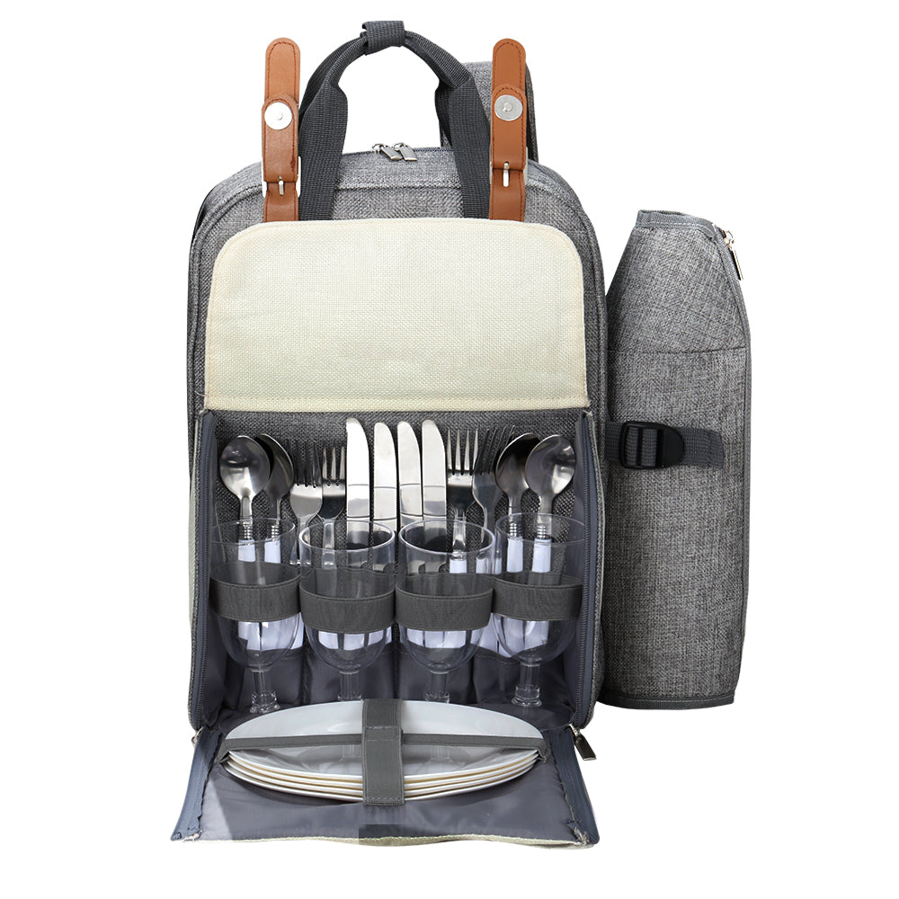 Alfresco 4 Person Picnic Basket Set Backpack Bag Insulated Grey