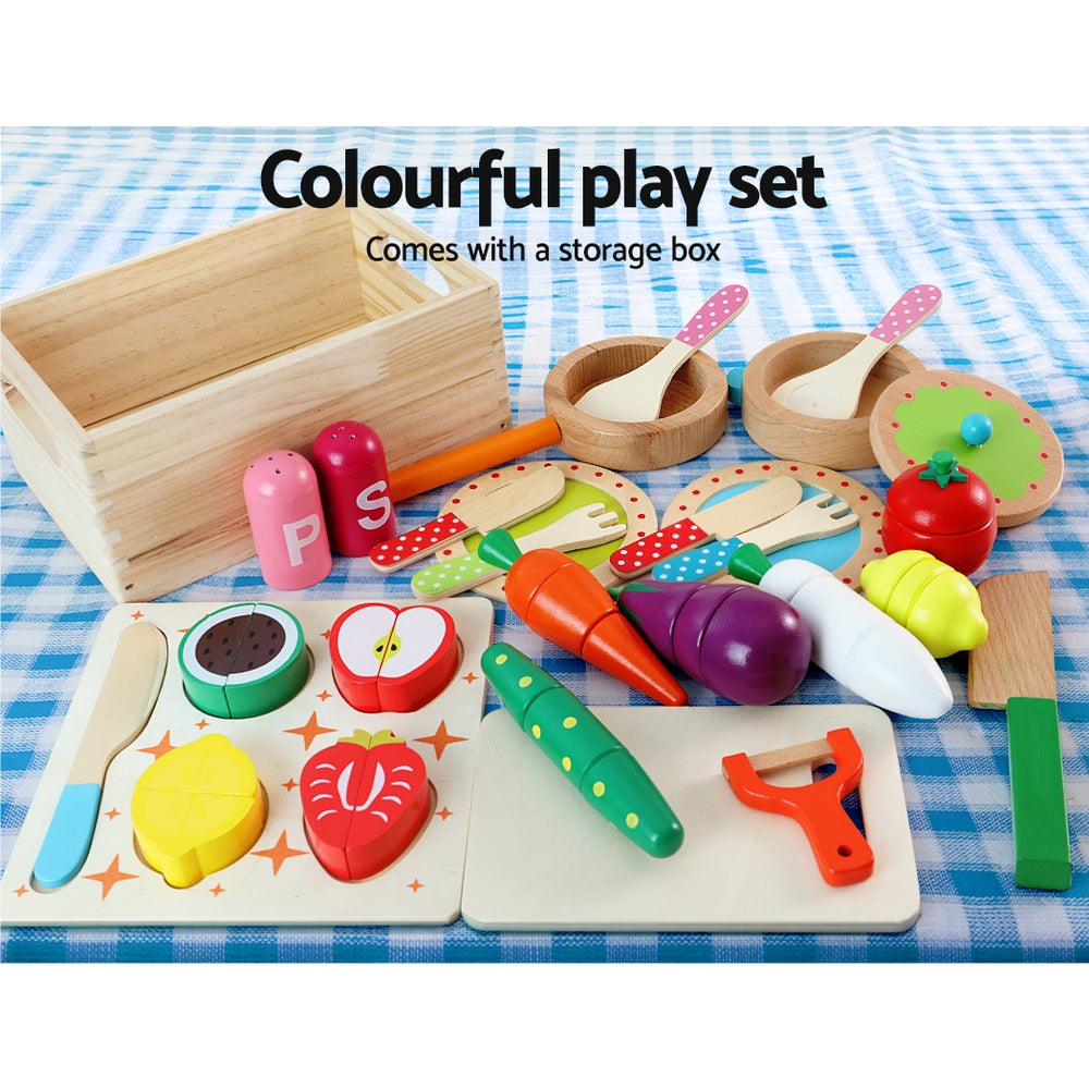 Keezi Kids Kitchen Play Set Wooden Pretend Toys Cooking Utensils Pots Pans Food