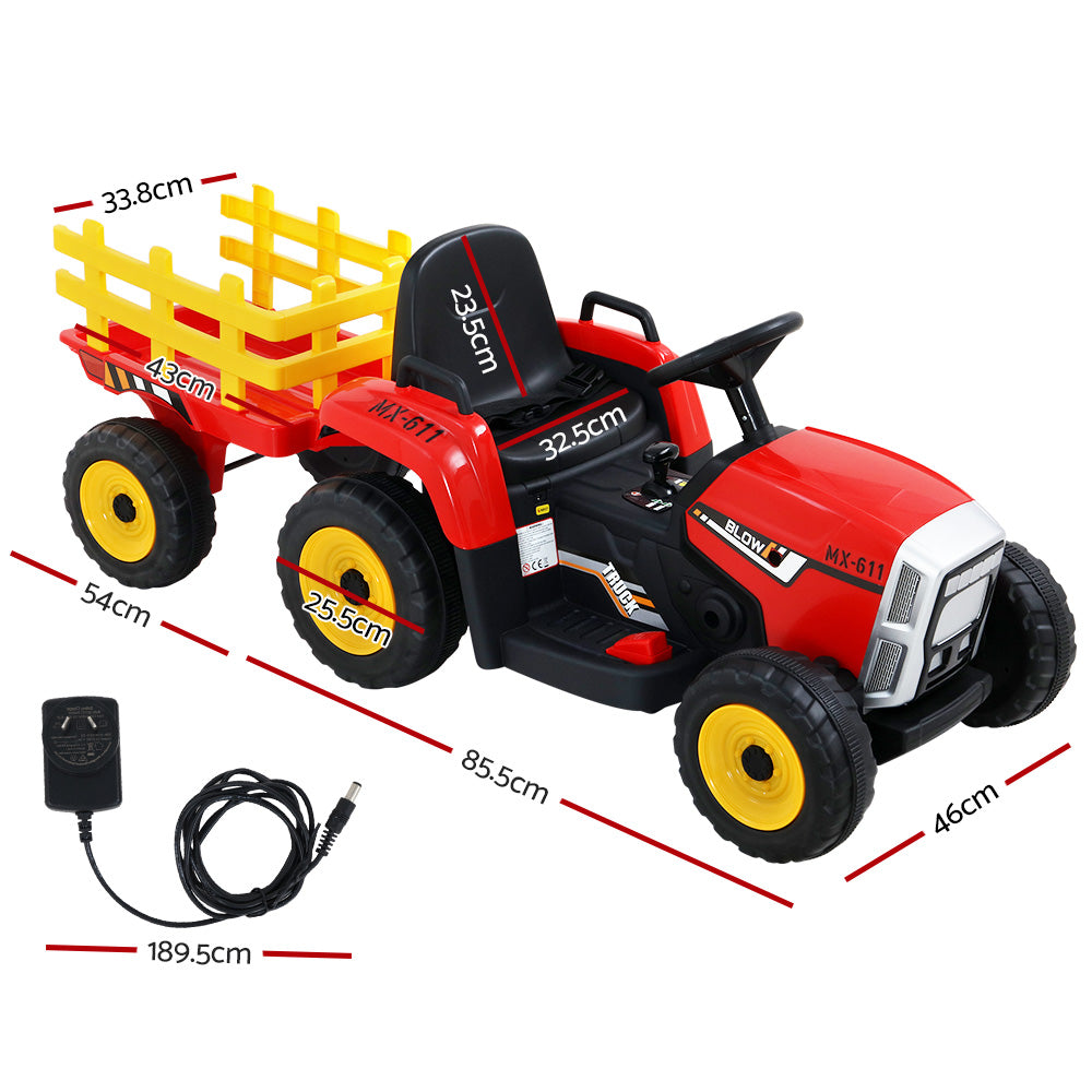 12V Kids Ride On Car Tractor with Trailer, Music - Rigo