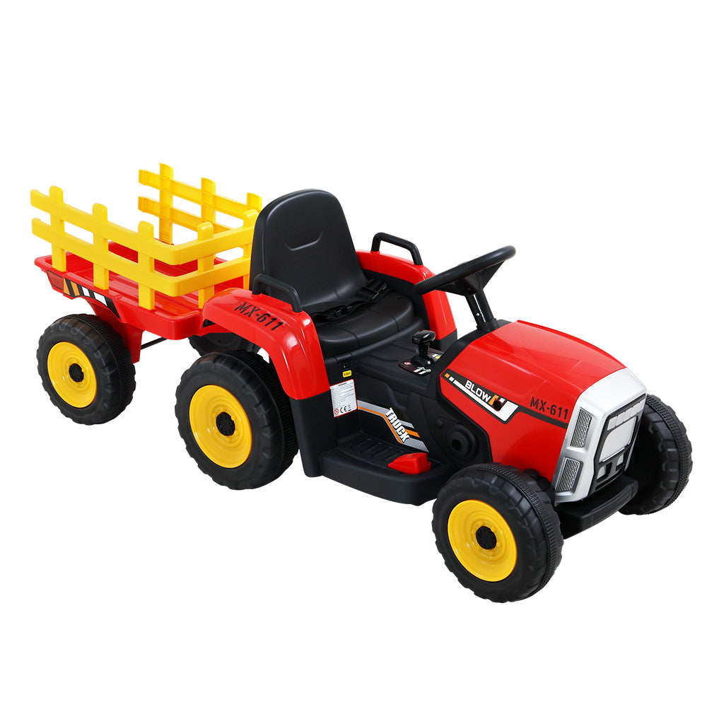 12V Kids Ride On Car Tractor with Trailer, Music - Rigo