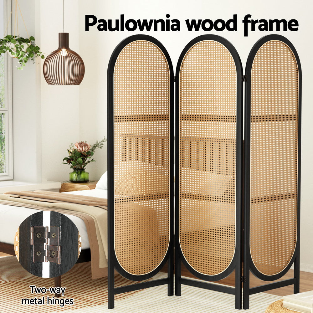 Foldable 3 Panel Room Divider, Solid Wood, Rattan - Artiss