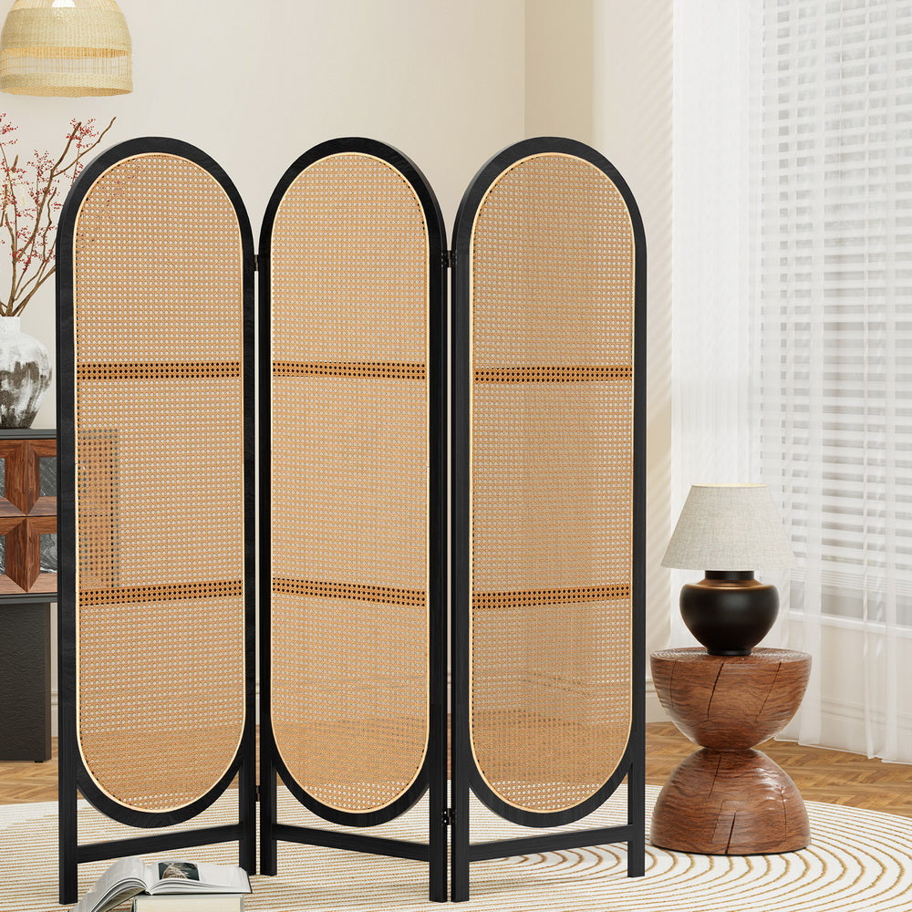 Foldable 3 Panel Room Divider, Solid Wood, Rattan - Artiss