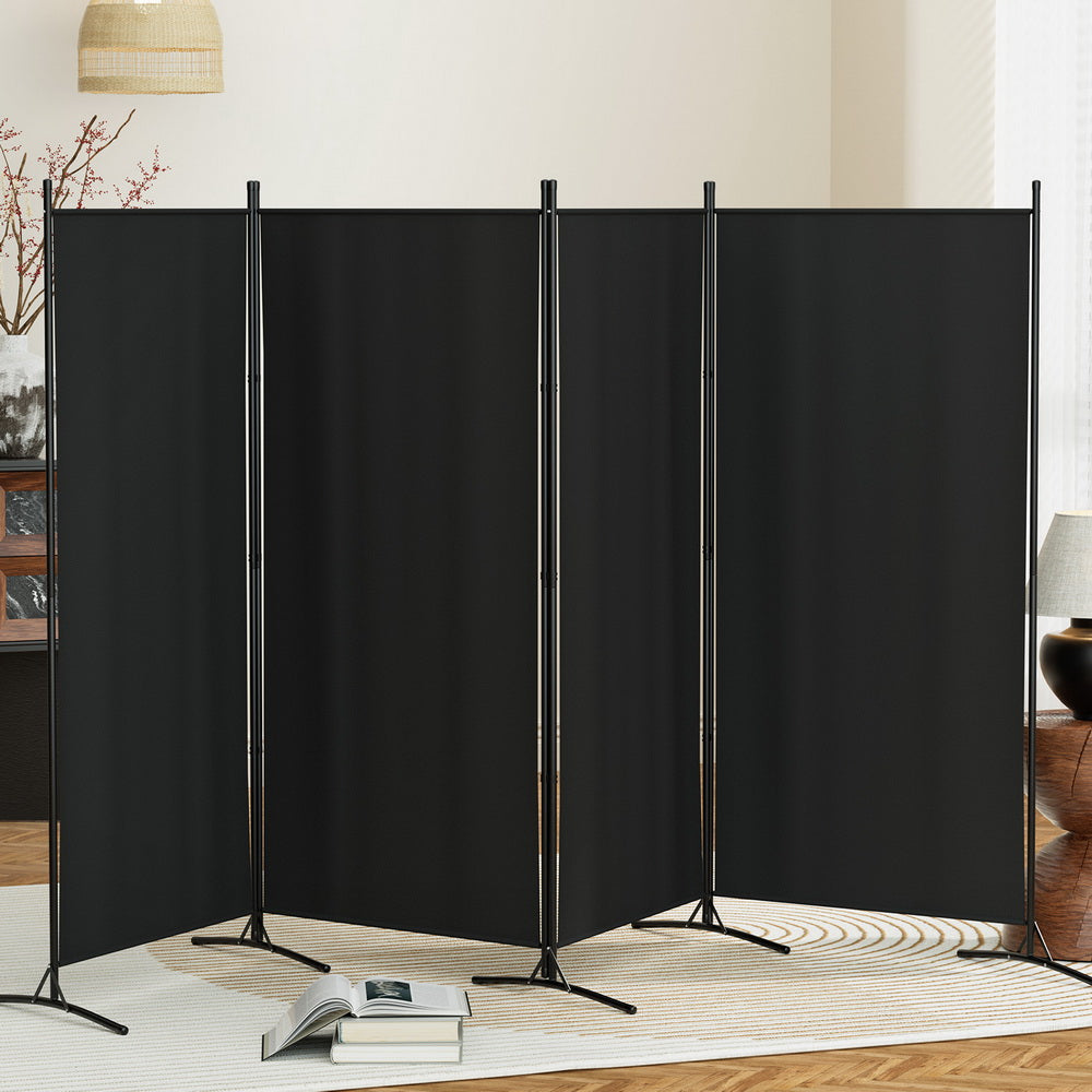 Peach Velvet 4 Panel Room Divider, Foldable, Black - Artiss