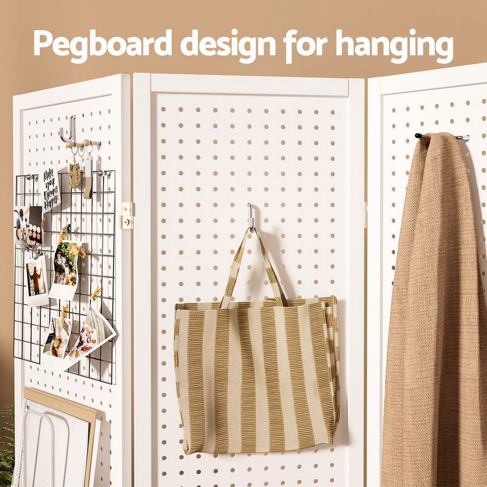 Foldable 4 Panel Room Divider, Pegboard, Pine Wood - Artiss