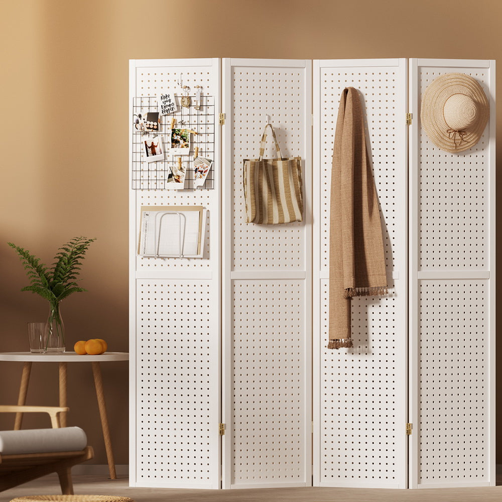 Foldable 4 Panel Room Divider, Pegboard, Pine Wood - Artiss