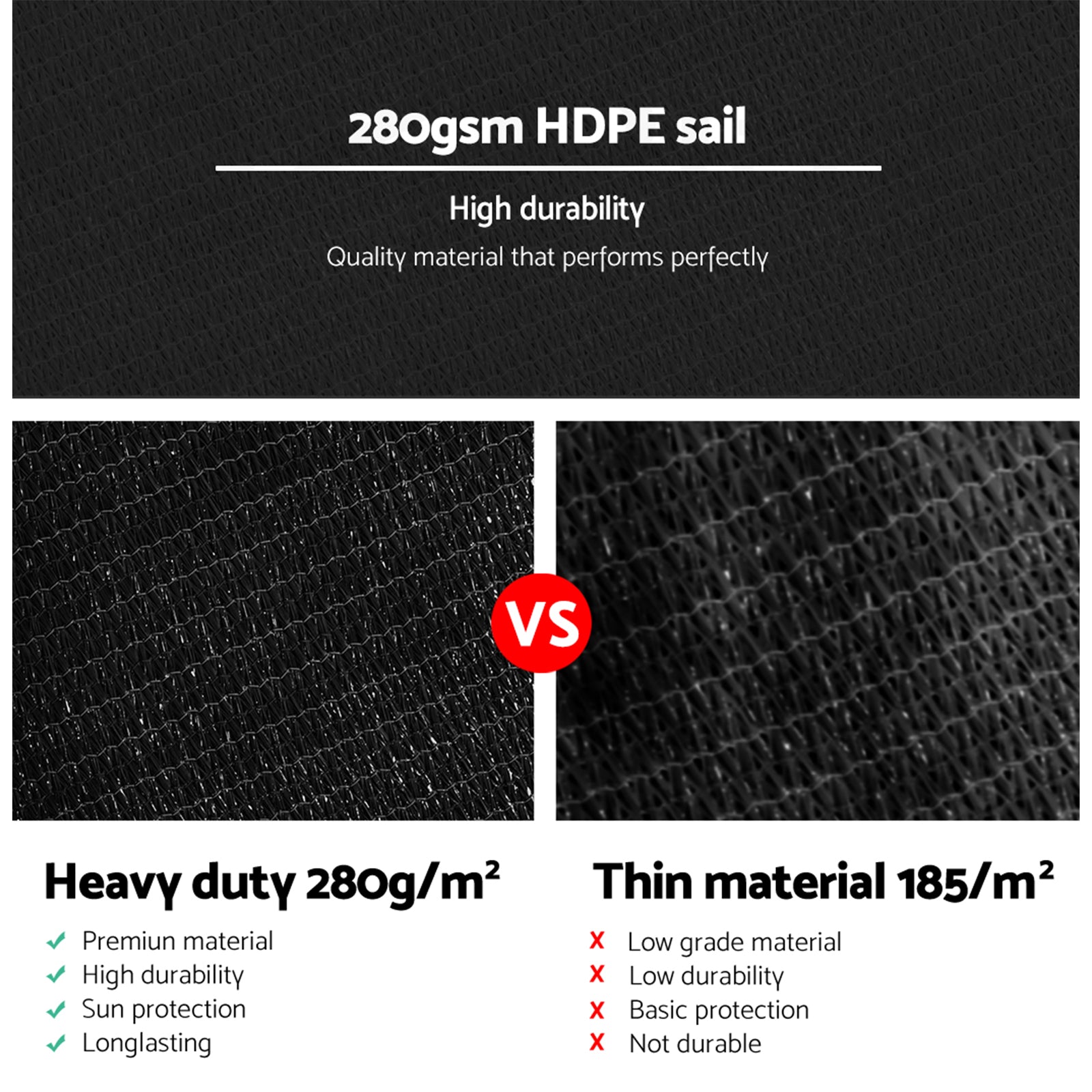 Instahut Shade Sail 6x8m Rectangle 280GSM 98% Black Shade Cloth