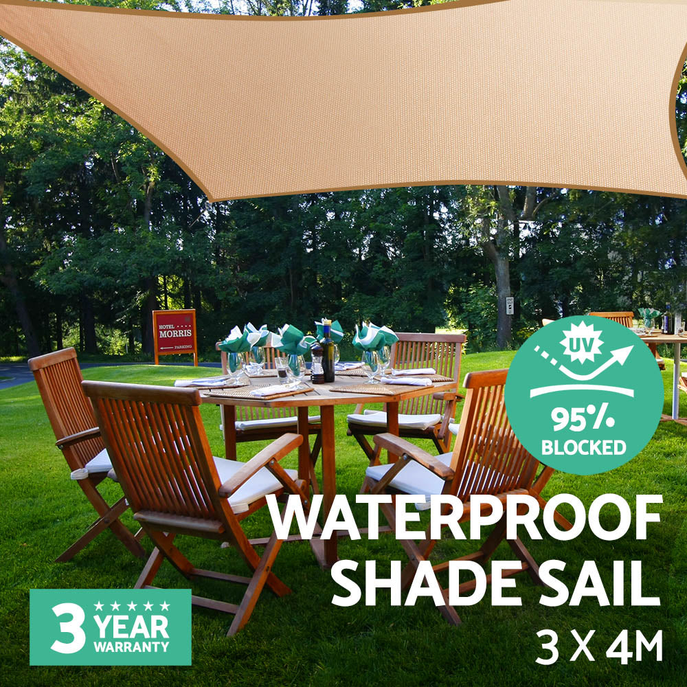 Instahut Waterproof Shade Sail 3x4m Rectangle Sand 95% Shade Cloth