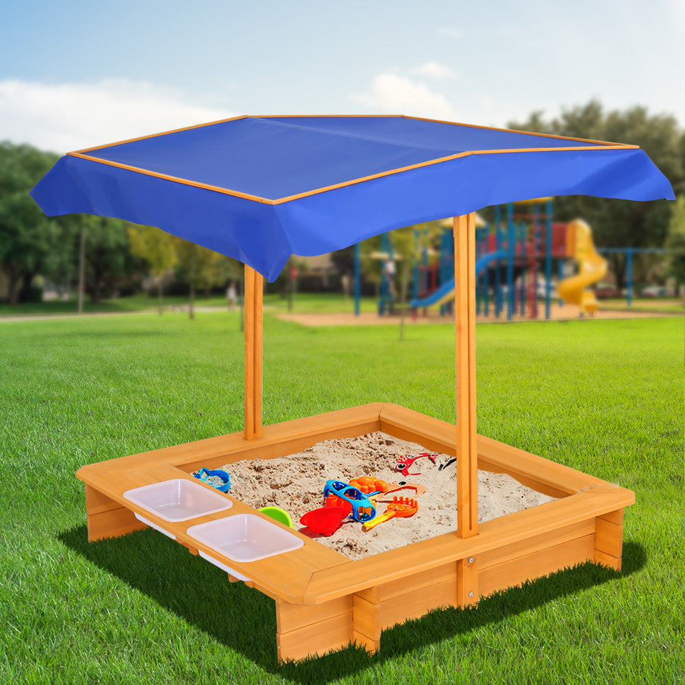 Keezi Kids Sandpit Wooden Sandbox Sand Pit with Canopy Water Basin Toys 103cm