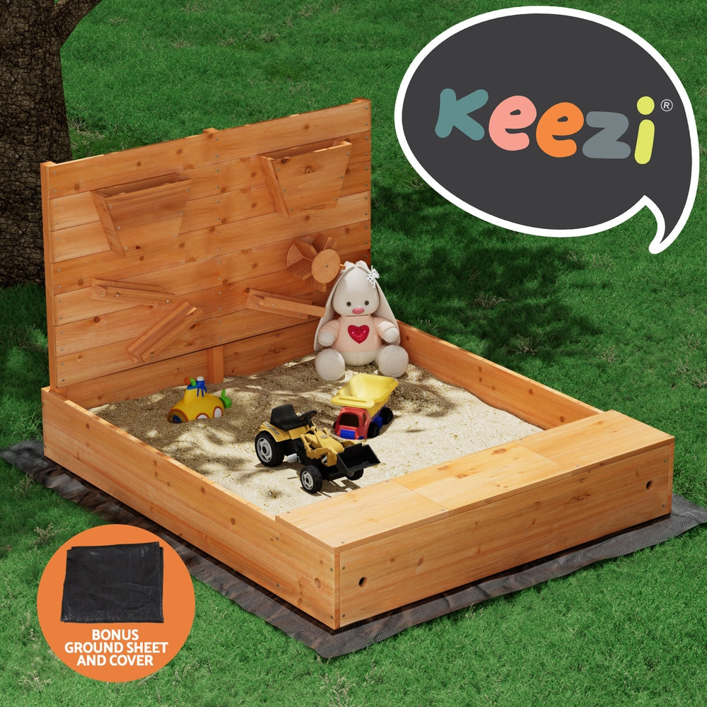 Keezi Kids Sandpit Wooden Sandbox Sand Pit with Cover Funnel Outdoor T