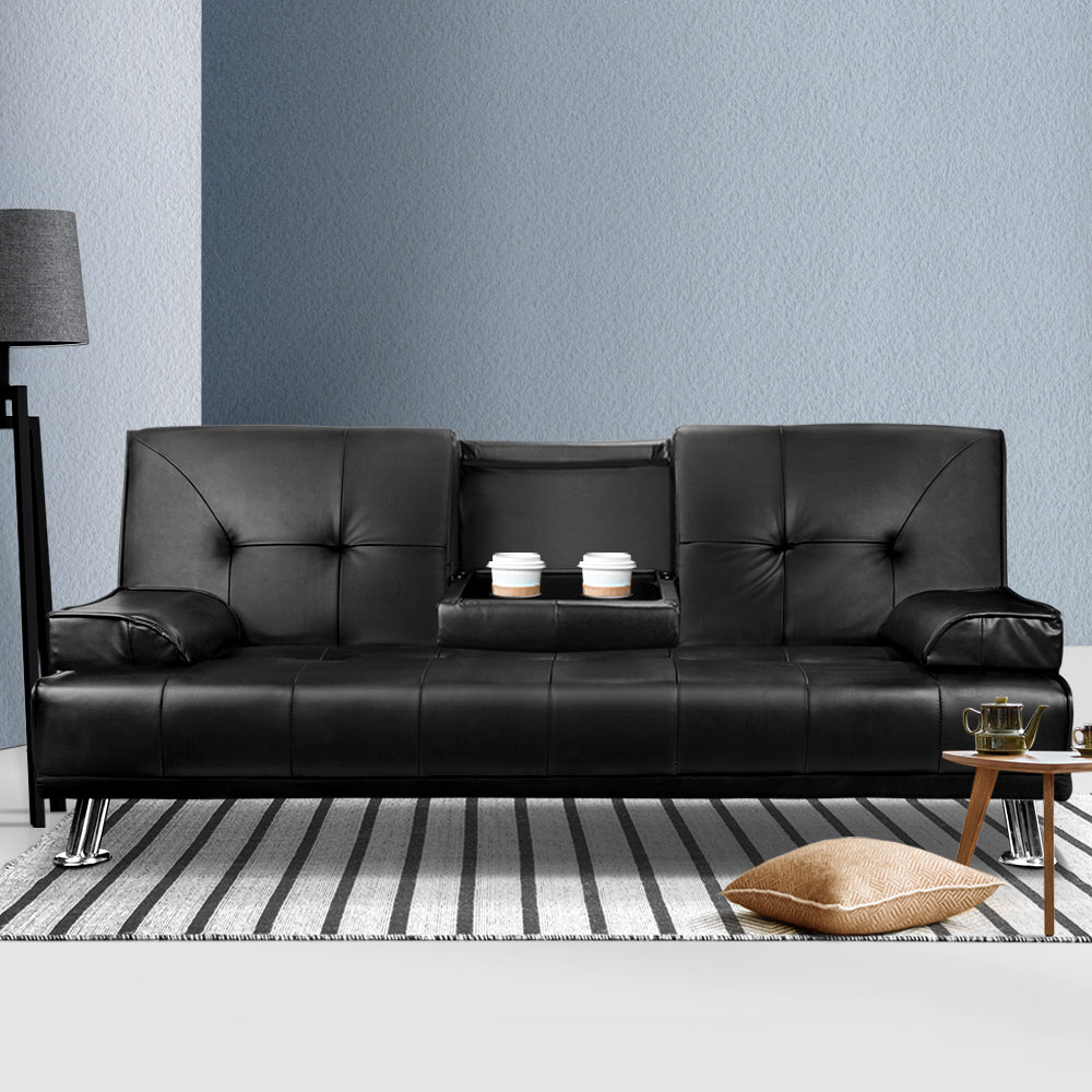 Artiss Sofa Bed 188CM Black PU Leather
