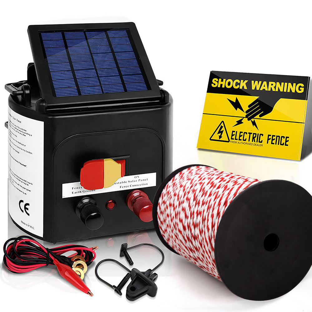 Giantz Fence Energiser 3KM Solar Powered Electric 500M Poly Rope