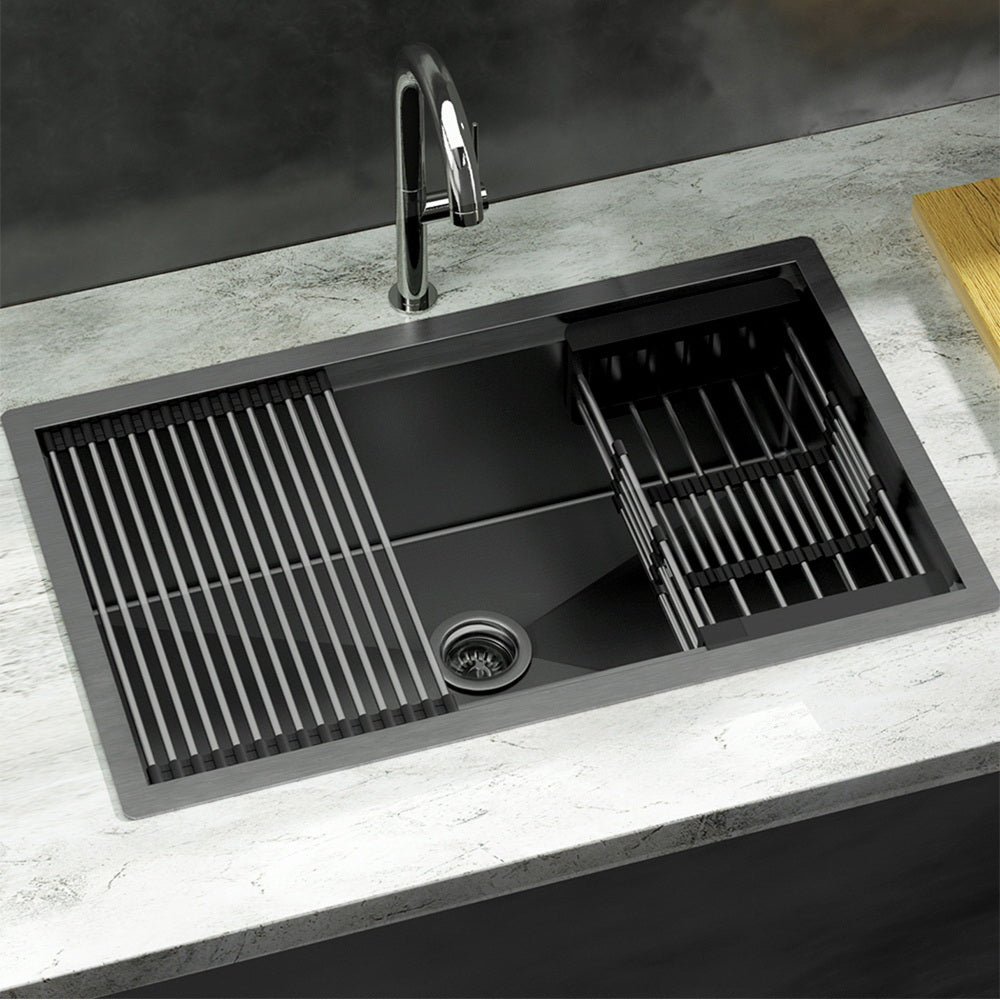 Cefito Kitchen Sink 70X45CM Stainless Steel Single Bowl Drain Rack Basket Black