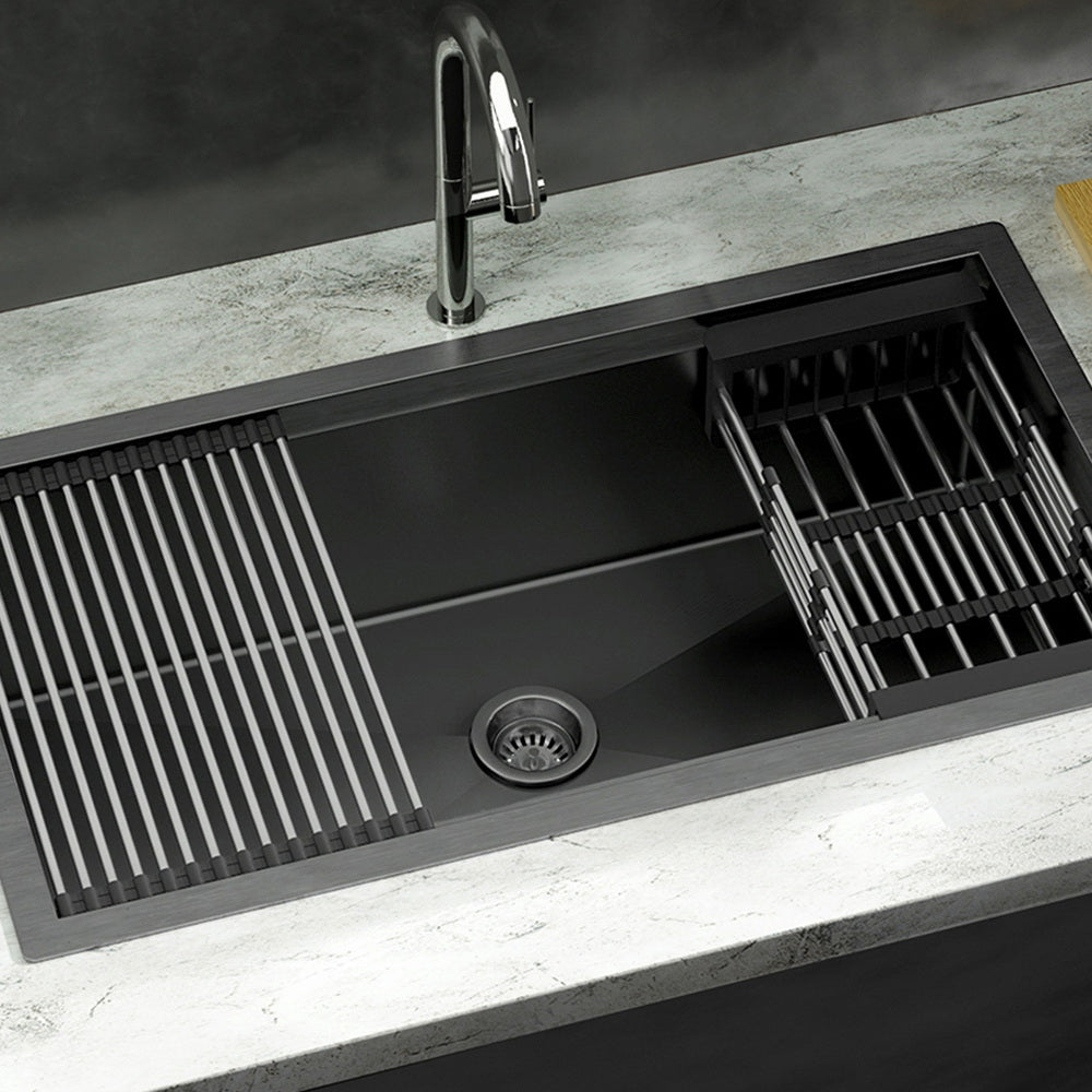 Cefito Kitchen Sink 81X45CM Stainless Steel Single Bowl Drain Rack Basket Black
