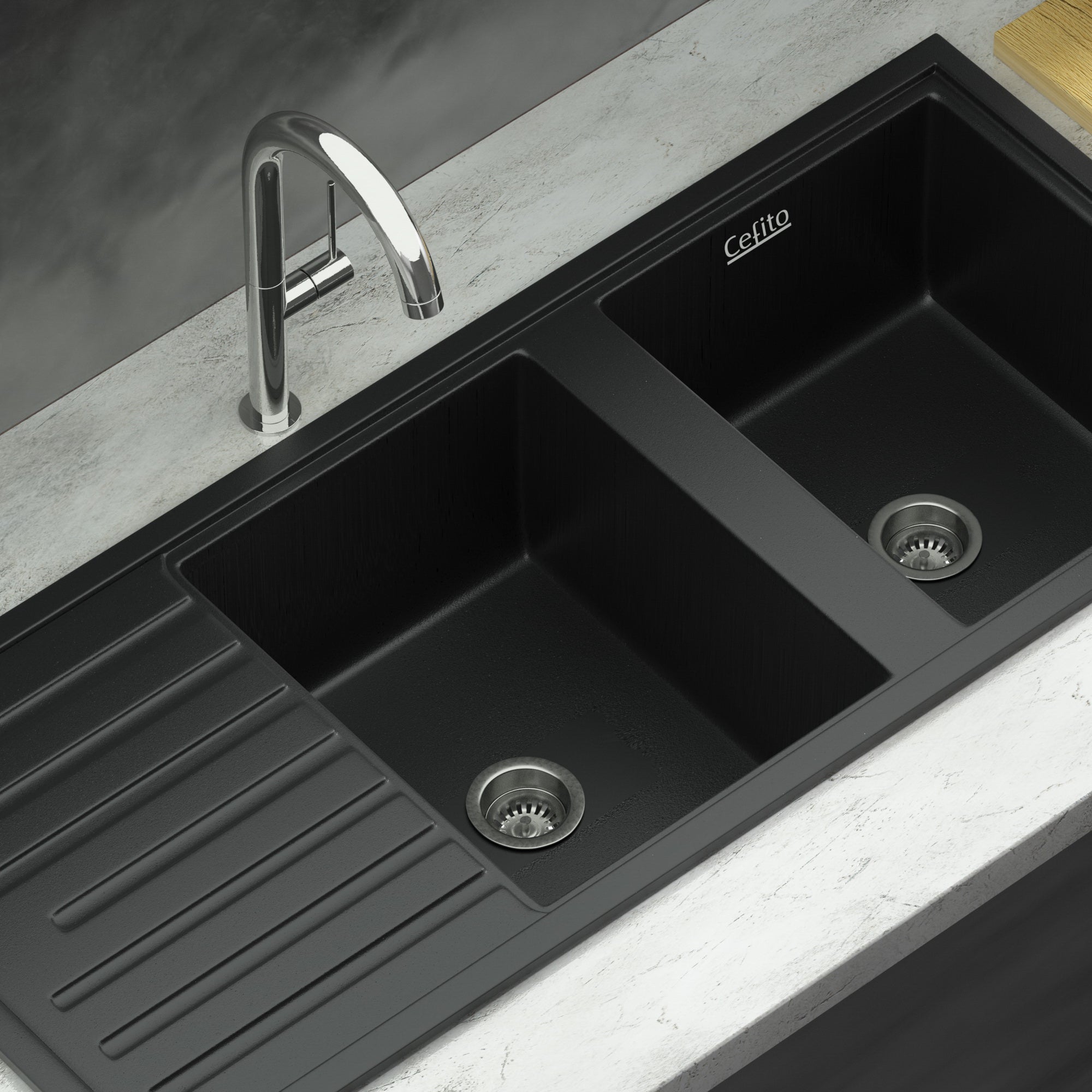 Cefito Kitchen Sink Stone Sink Granite Laundry Basin Double Bowl 116x49cm Black