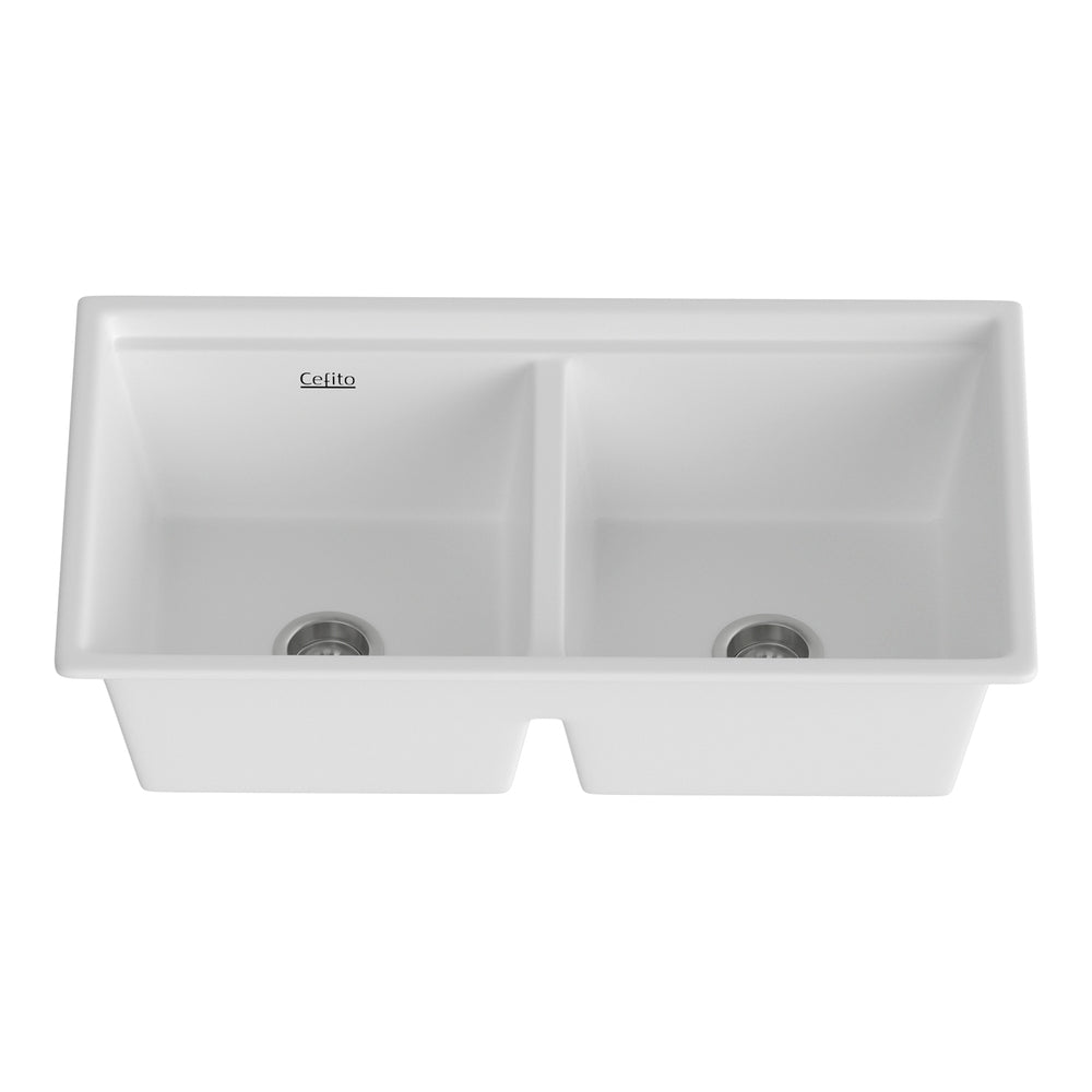 Cefito Kitchen Sink Stone Sink Granite Laundry Basin Double Bowl 79cmx46cm White