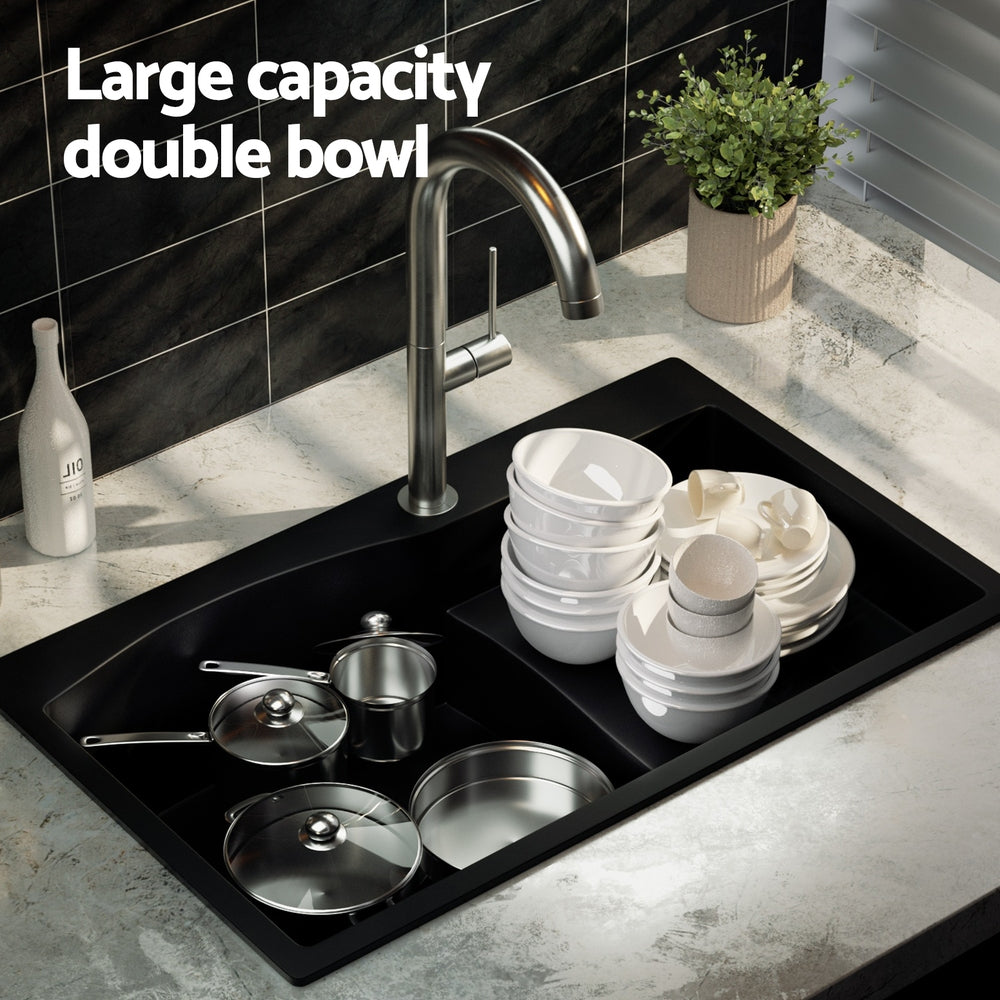 Cefito Kitchen Sink 74X45CM Granite Stone Basin Single Bowl Laundry Black