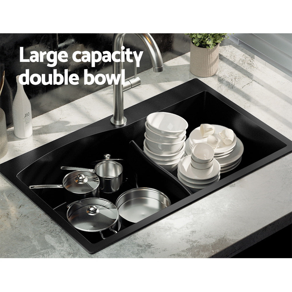Cefito Kitchen Sink 76X47CM Granite Stone Basin Double Bowl Laundry Black
