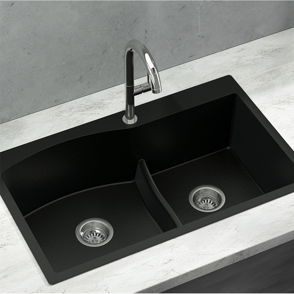 Cefito Kitchen Sink 76X47CM Granite Stone Basin Double Bowl Laundry Black