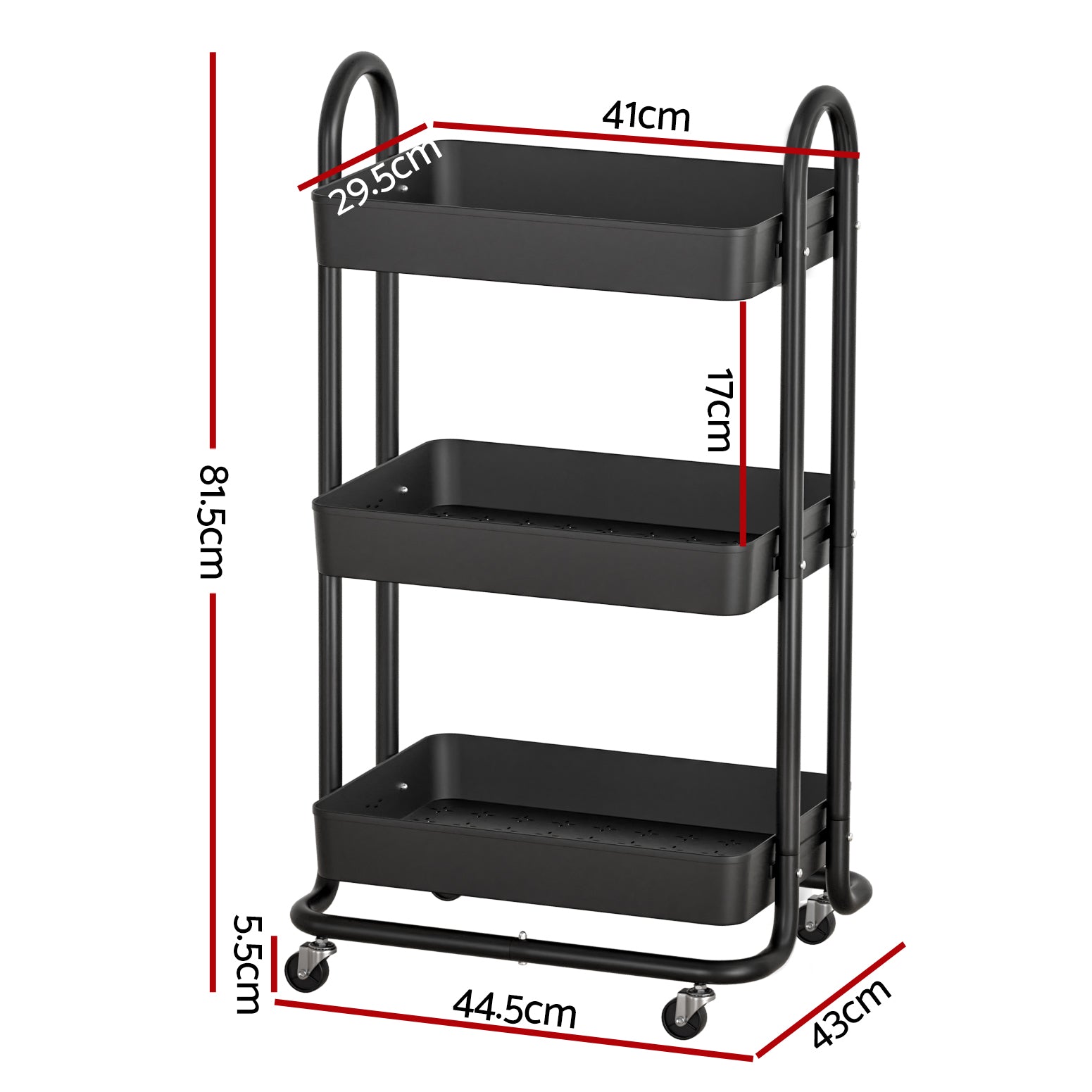 3-Tier Steel Frame Storage Trolley with Wheels - Artiss