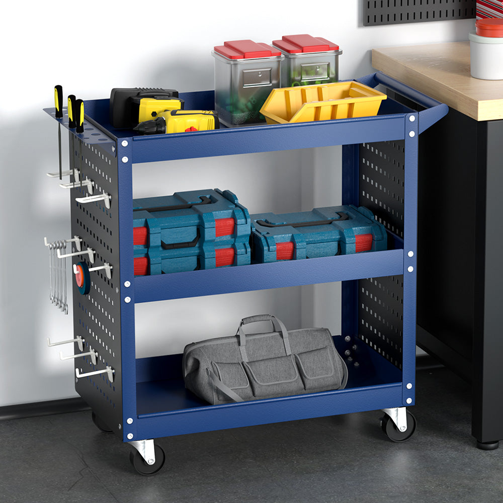 Giantz 3-Tier Tool Cart Storage Trolley Workshop Garage Pegboard Hooks Blue
