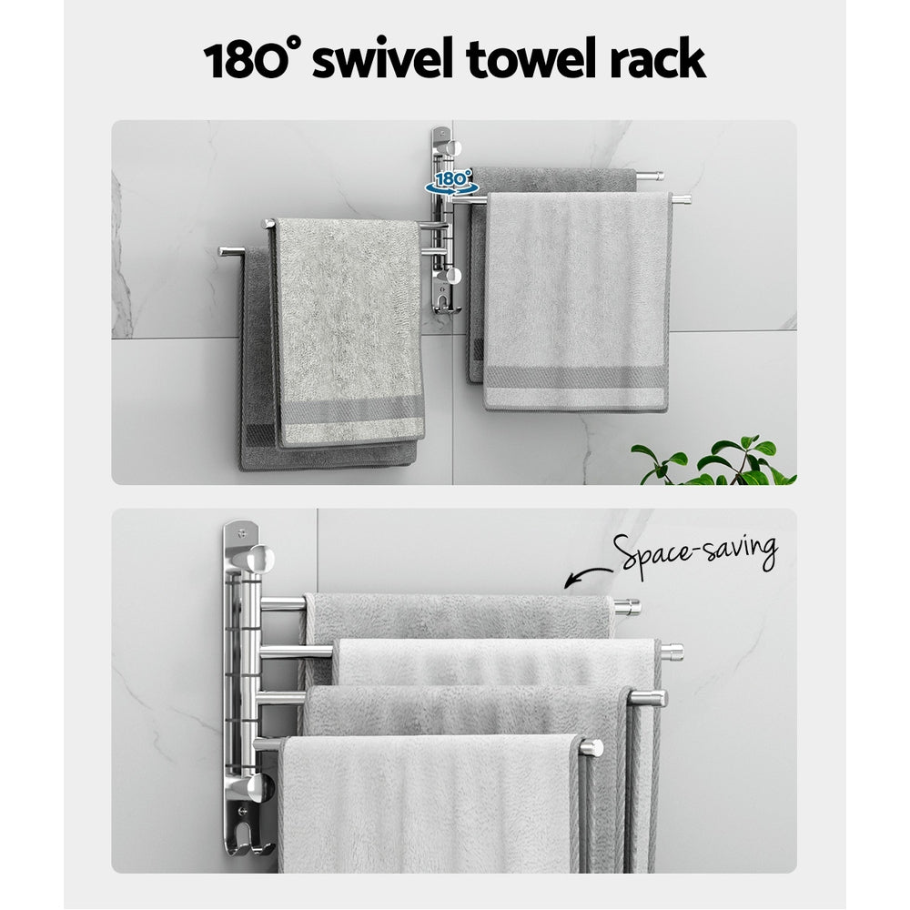 Towel Rail Rack Holder 4 Bars Wall Mounted Stainless Steel Swivel Hanging Hook